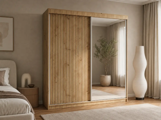 Dressing C35 cu două uși culisante, front riflat și oglindă