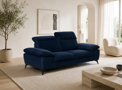 Canapea Lara cu 2 locuri, tapițerie Velvet Navy Blue și tetiere rabatabile