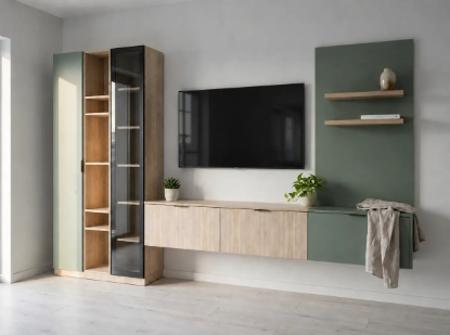 Living C85 cu vitrină și corpuri suspendate – vedere din unghi